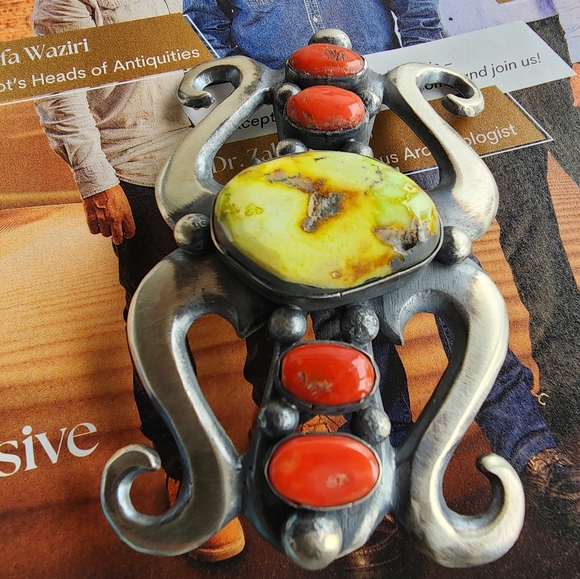 Chimney Butte Sterling Silver and Palomino & Coral Stone Belt Buckle - Picture 6 of 14
